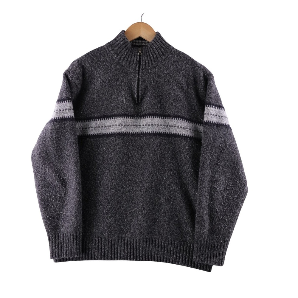 Vintage Iceland Mens L Gray Wool Blend‎ Fair Isle Stripe Quarter Zip Sweater